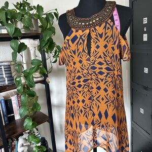 Arden B Vintage Cold-Shoulder Tribal Boho Tunic